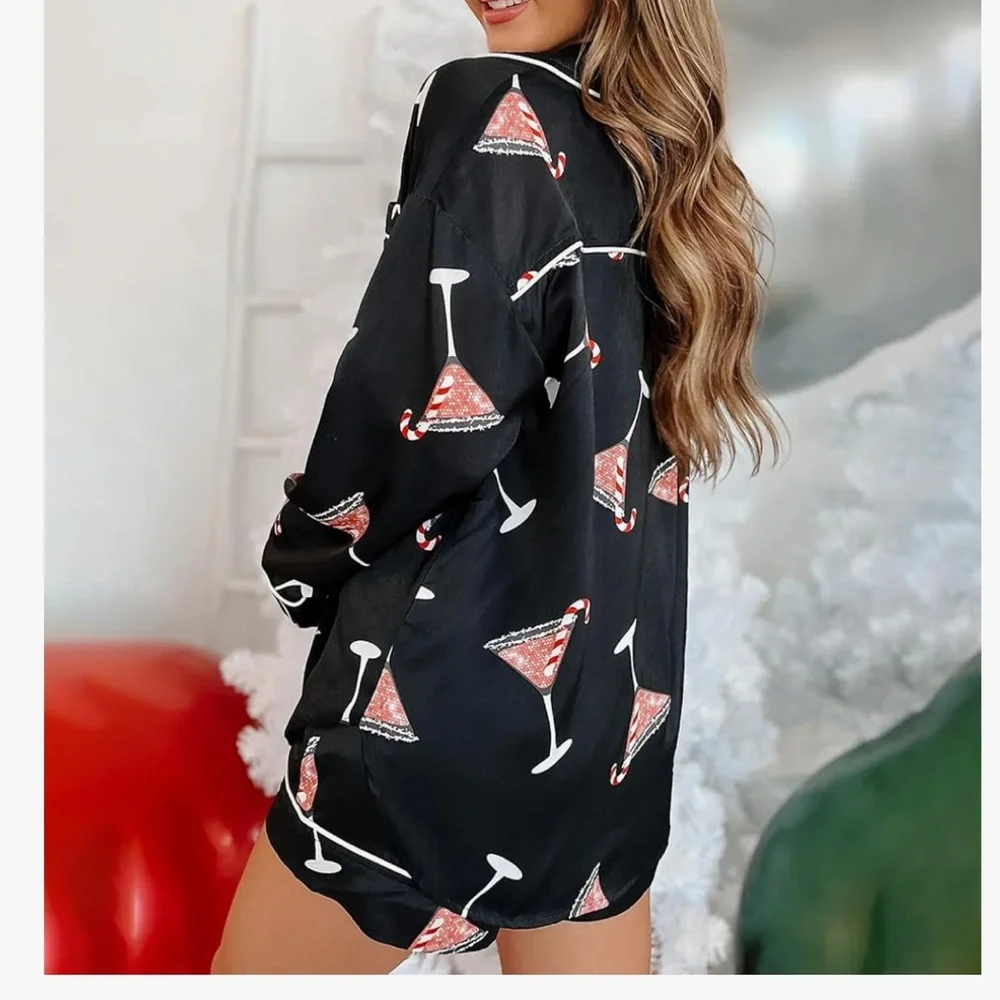 Cocktail Print Pajama Set PJs women’s‎ Size Medium